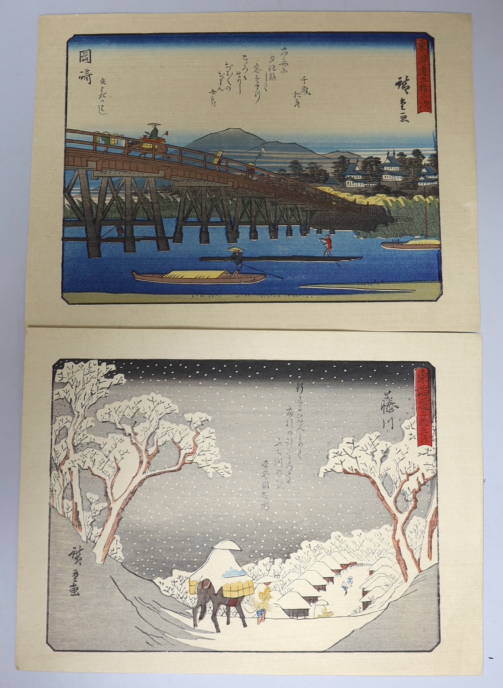 Hiroshige, two woodblock prints, Views along the Tokaido Road, overall 21 x 29cm, unframed